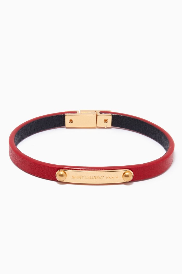 SAINT LAURENT ID Plaque Bracelet in Leather, Red
