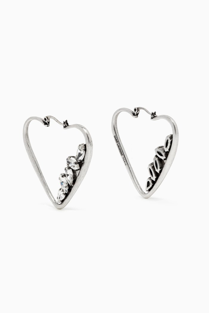 

Rhinestone Heart Hoop Earrings in Metal, Silver
