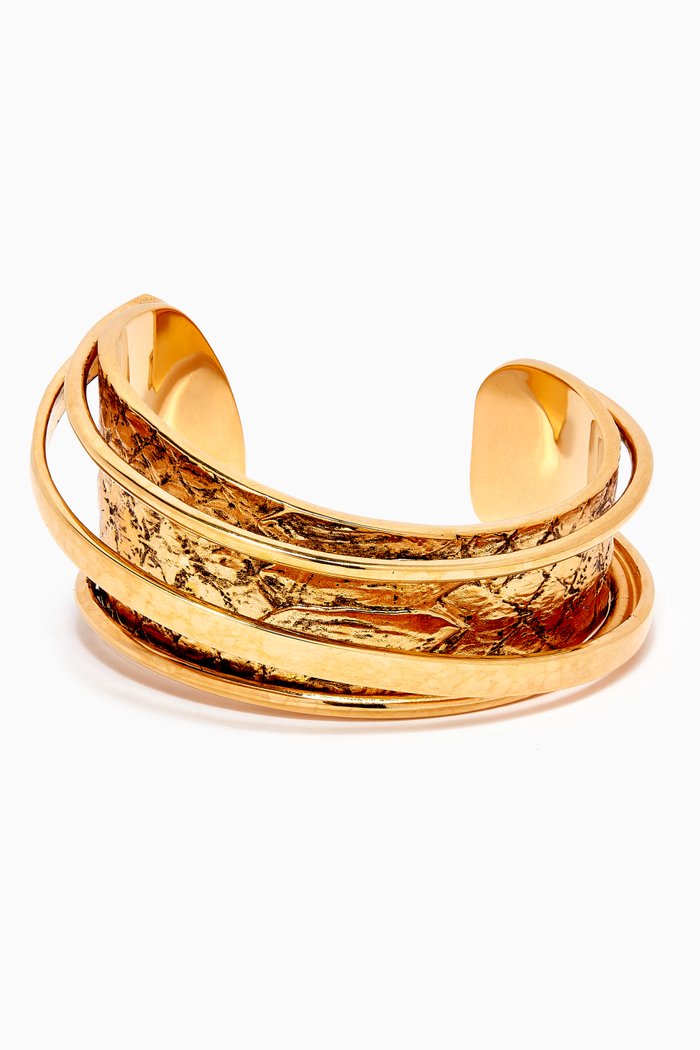 

Modernist Snake Textured Cuff Bracelet in Metal, Gold