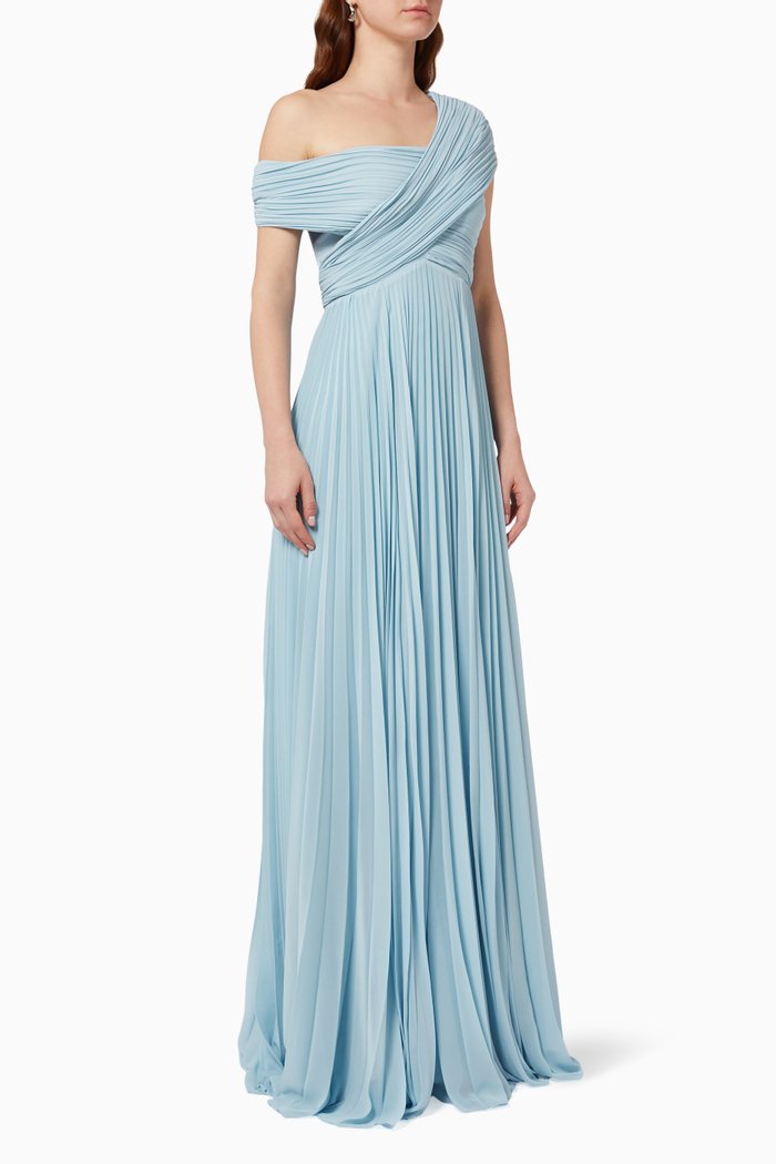 Pleated Dress with Cross Shawl Collar, Blue
