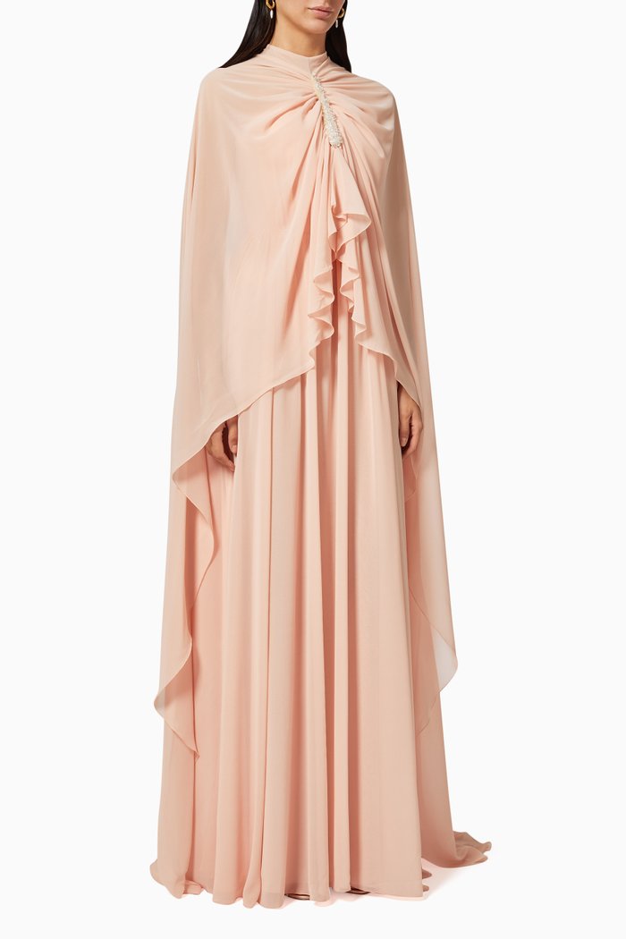 

Embroidered Cape Gown in Silky Chiffon, Pink