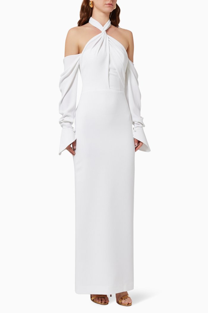 

Choker Neck Dress with Cold-shoulder Puffy Sleeves, White
