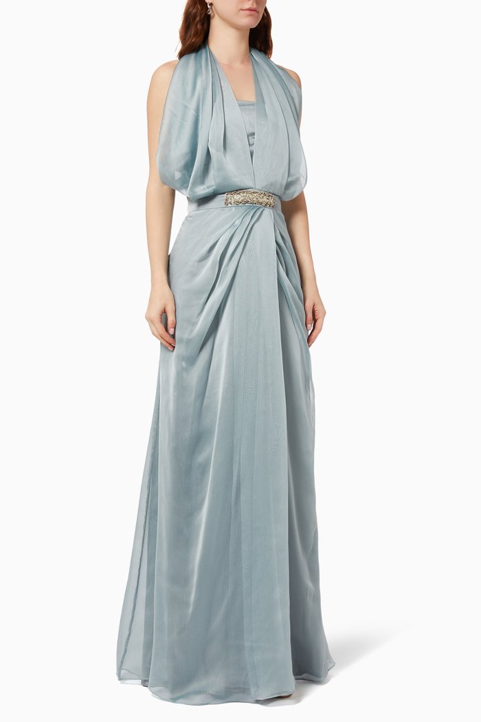 

Halter Neck Gown in Twill Satin, Blue