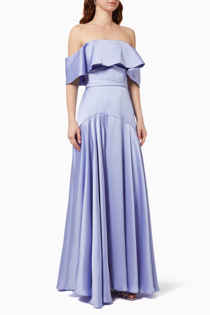 

Off Shoulder Gown with Slit in Twill Satin, Purple