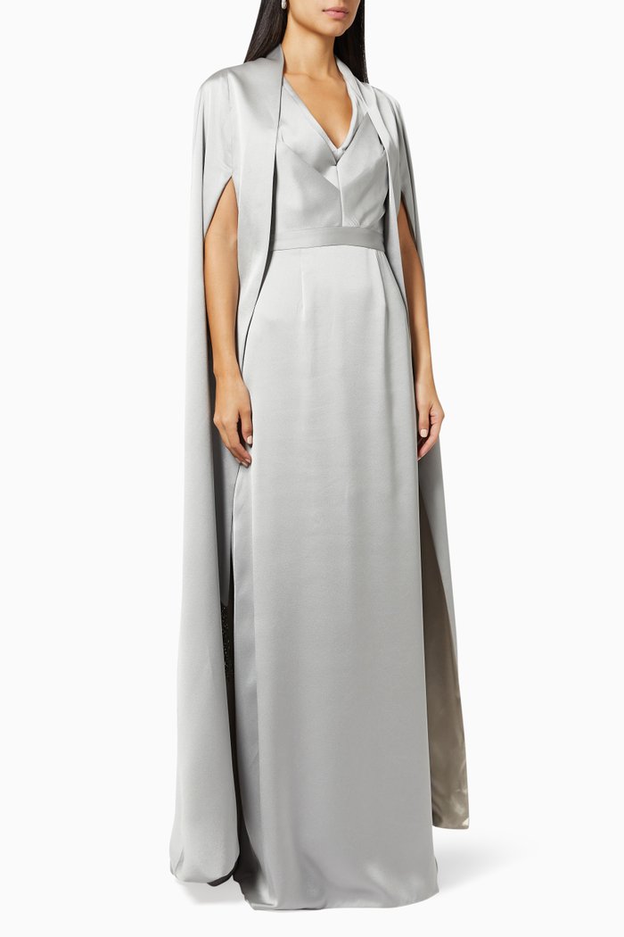 

Dress & Beaded Fringe Cape in Satin, Neutral