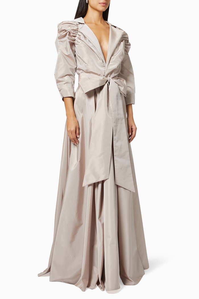 

Ruched Puff Sleeve Gown in Taffeta, Neutral