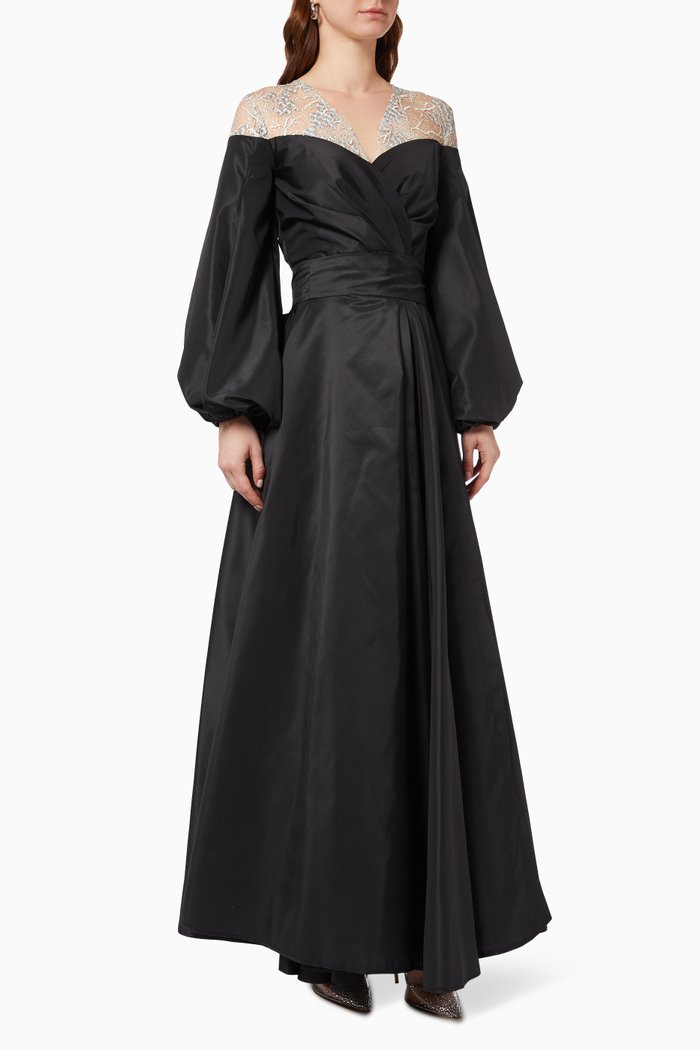 Lace Detail Wrap Dress in Light Taffeta, Black
