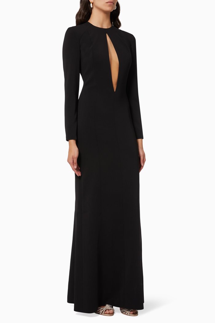 

Front Cutout Long Sleeve Maxi Dress in Crepe, Black