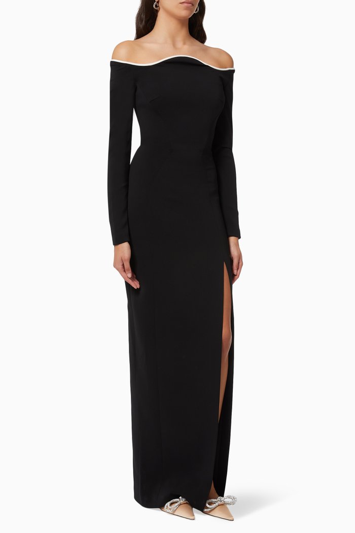 

Off-Shoulder Long Sleeve Gown in Jersey Knit, Black
