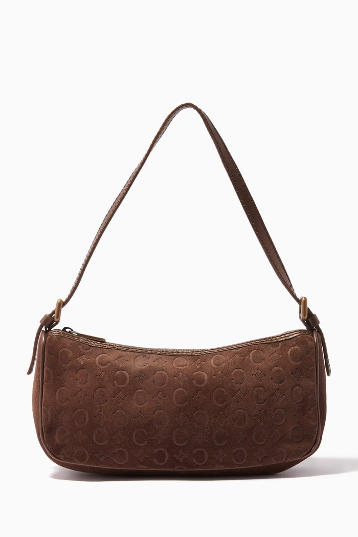 

Shoulder Bag in Logo Embossed Suede, Brown