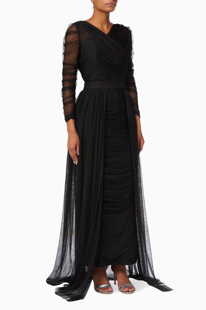 

Ruched Sleeve Dress with Detachable Skirt, Black