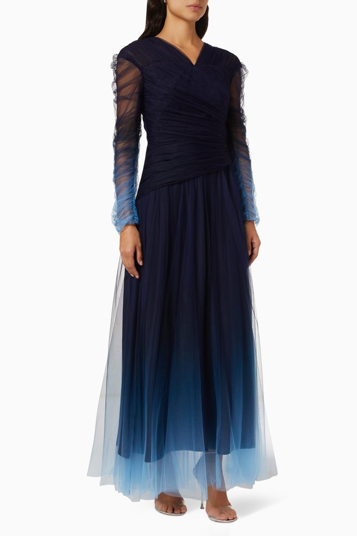 

Ruched Sleeve Dress with Detachable Skirt, Blue