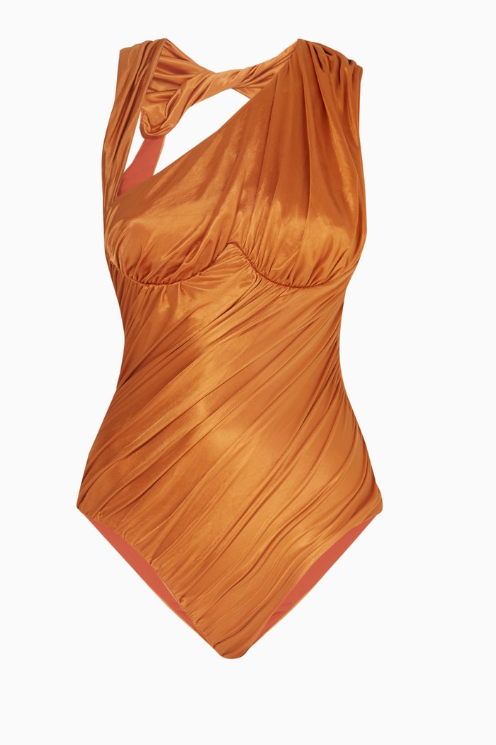 

Sculpture Asymmetric Bodysuit in Satin, Orange