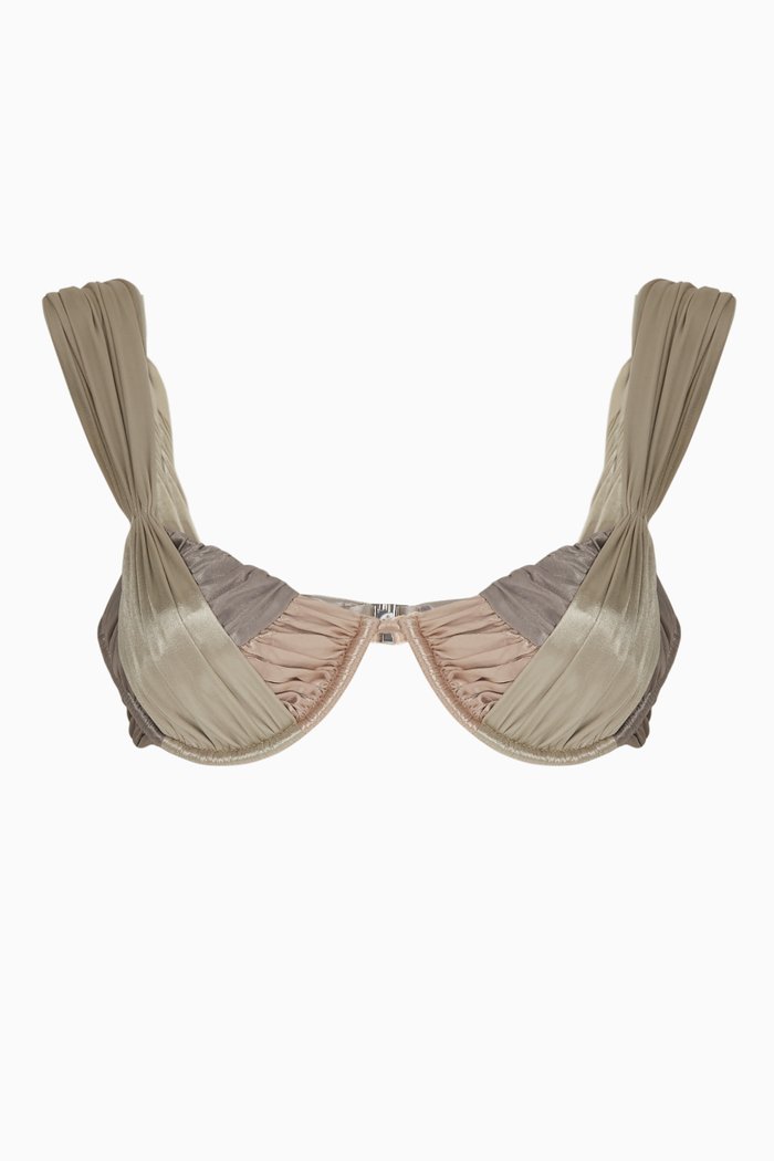 Waves Ruched Bikini Top in Nylon Blend, Silver