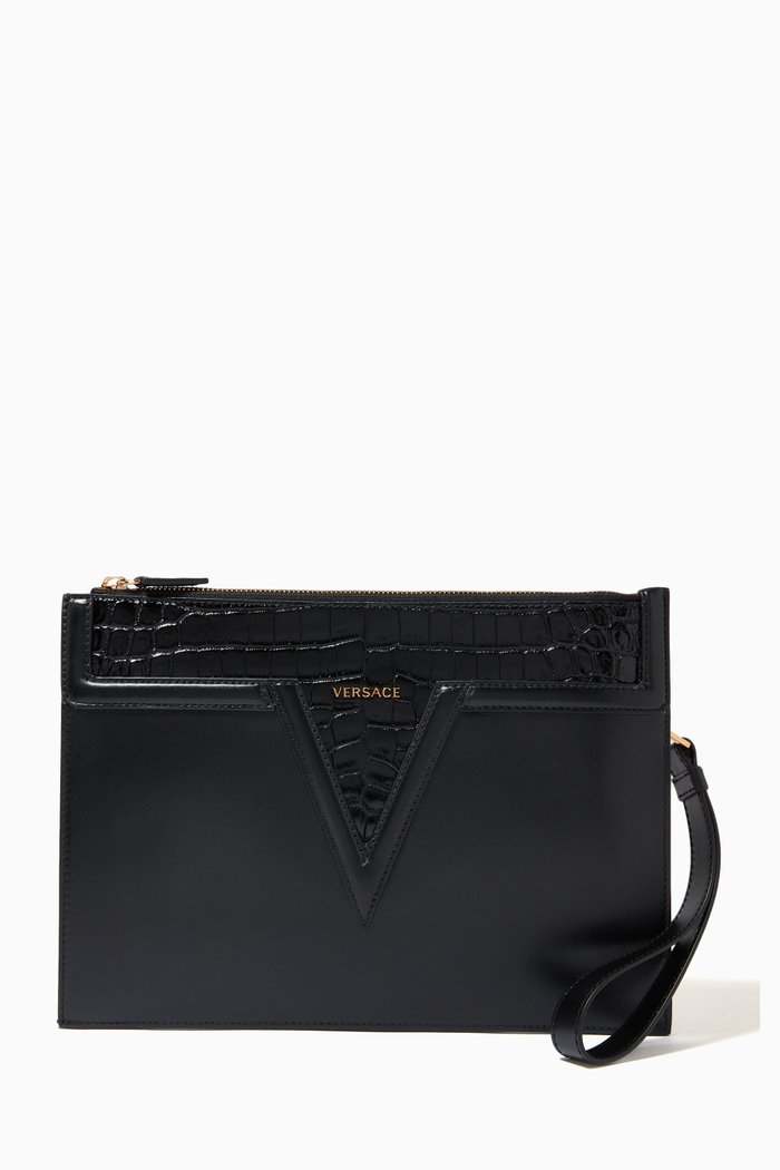 

Pouch in Croc-embossed & Smooth Calfskin, Black