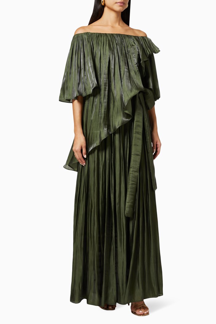 Off Shoulder Ruffle Gown, Green
