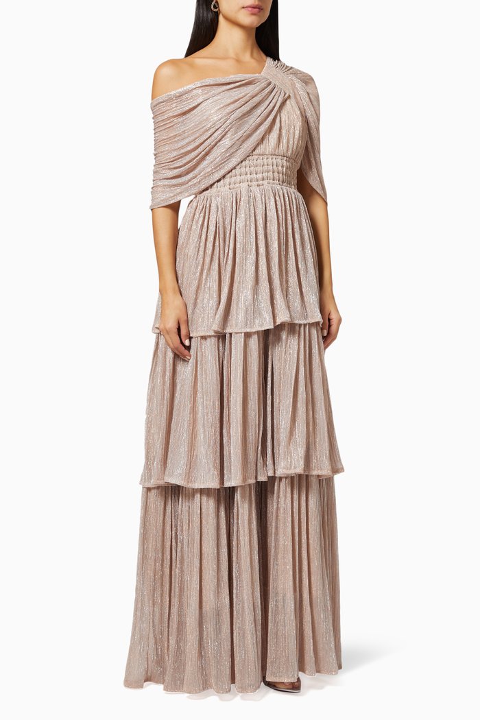 

Tiered Metallic Maxi Dress, Gold