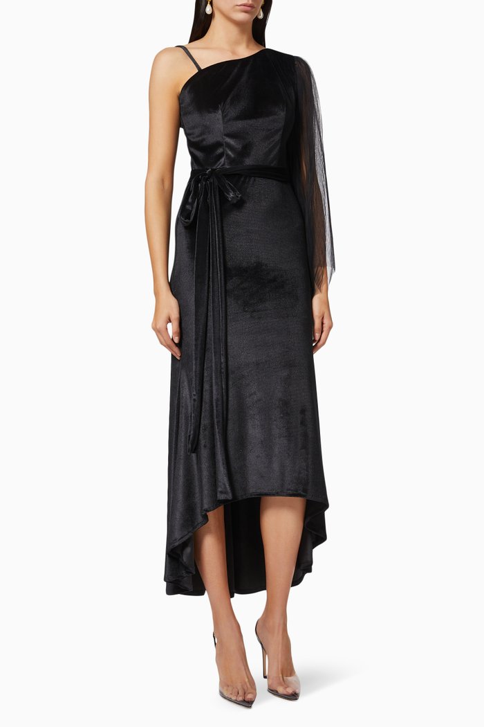 

One Shoulder Cape Sleeve Dress in Velvet, Black