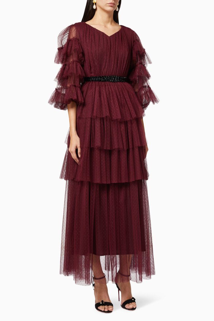

Tiered Dress in Dotted Mesh, Burgundy