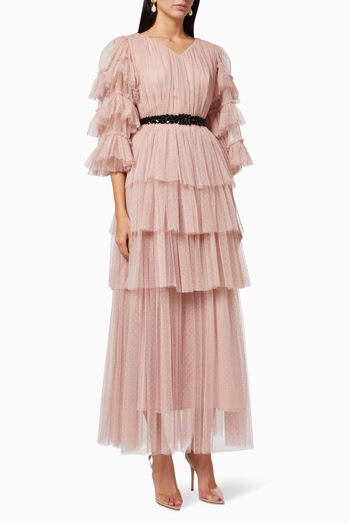 

Tiered Dress in Dotted Mesh, Pink
