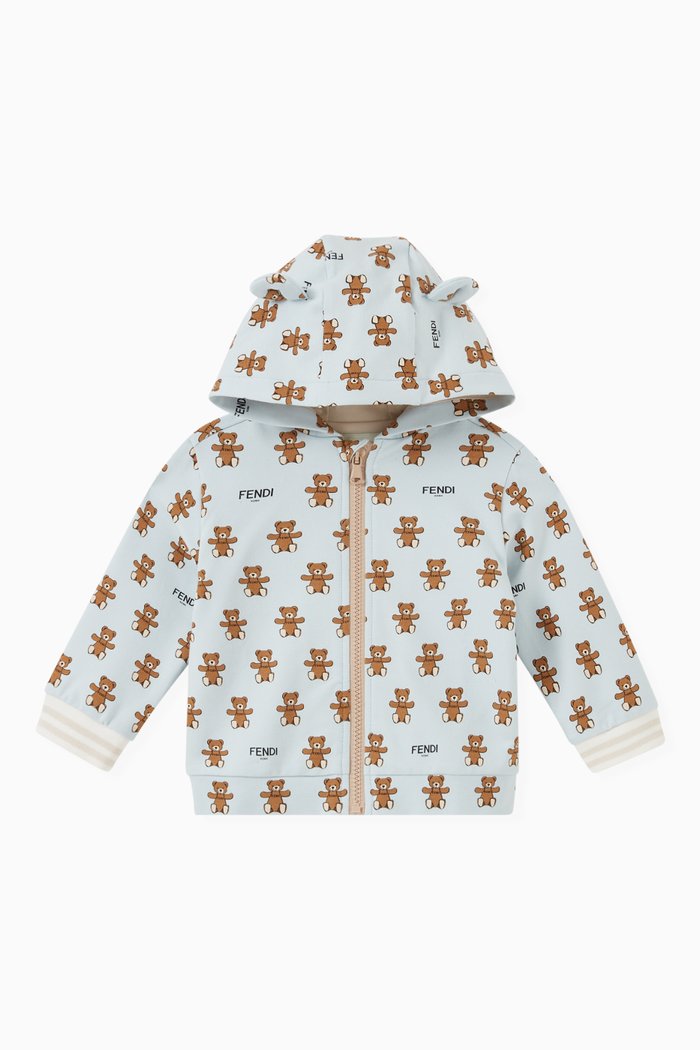 All-over Bear & Logo Print Hooded Sweatshirt, Blue