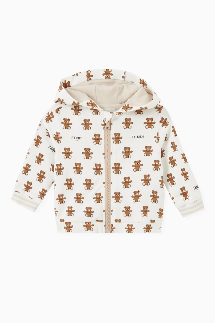 

Teddy Print Zip Hoodie in Cotton Jersey, White