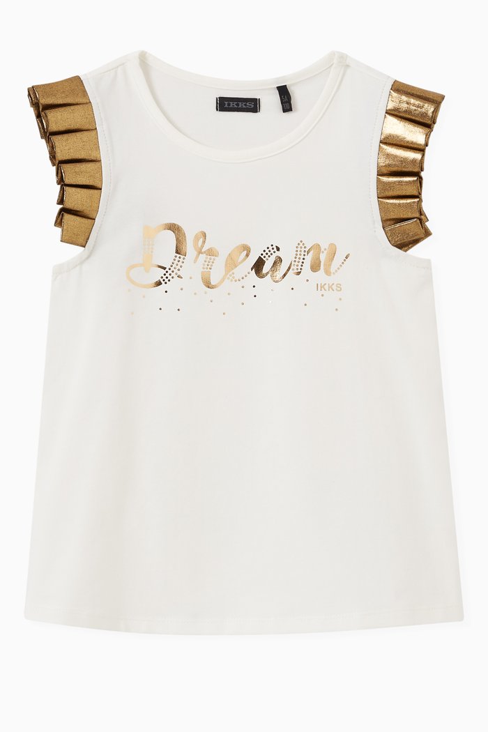 

Metallic Frill Sleeve T-shirt in Cotton, White