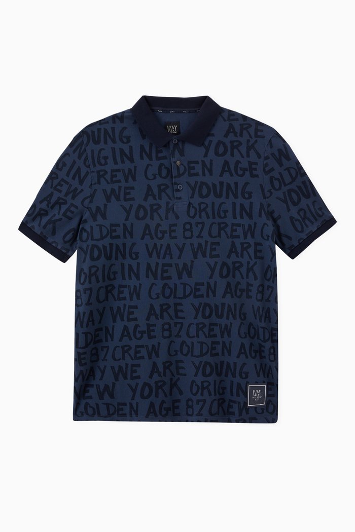 

All-over Lettering Print Polo Shirt in Cotton, Blue