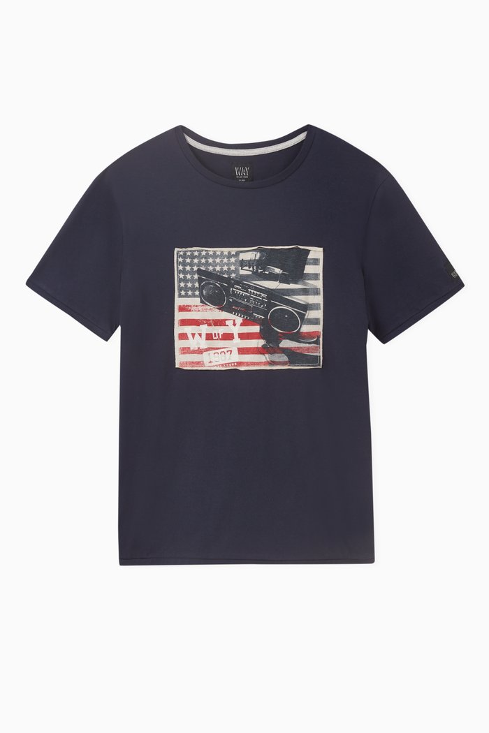 US Flag Print T-shirt in Organic Cotton, Blue