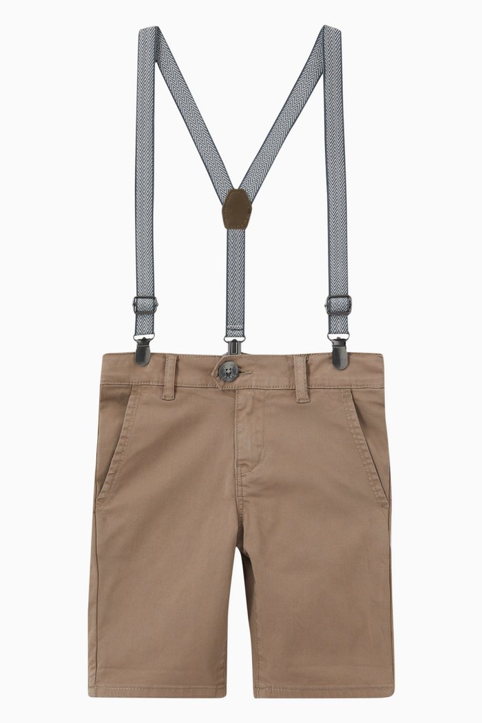Suspender Dungaree Shorts in Cotton, Brown