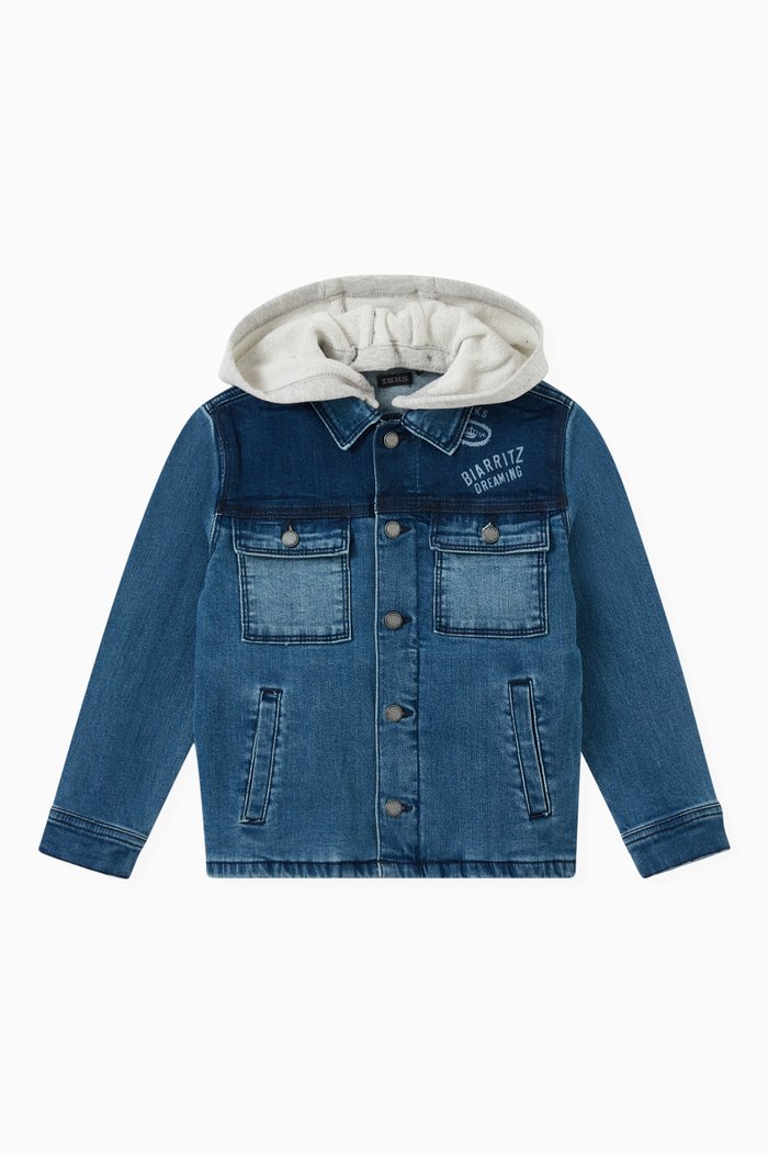 

Detachable Hood Jean Jacket in Denim, Blue