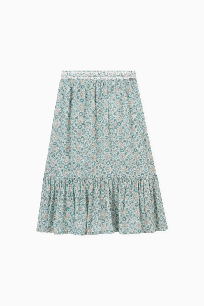 

Aqua Flower Print Long Skirt in Modal, Green