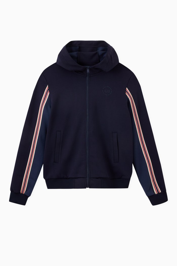 

Hooded Cardigan with Striped Band Sleeves, Blue