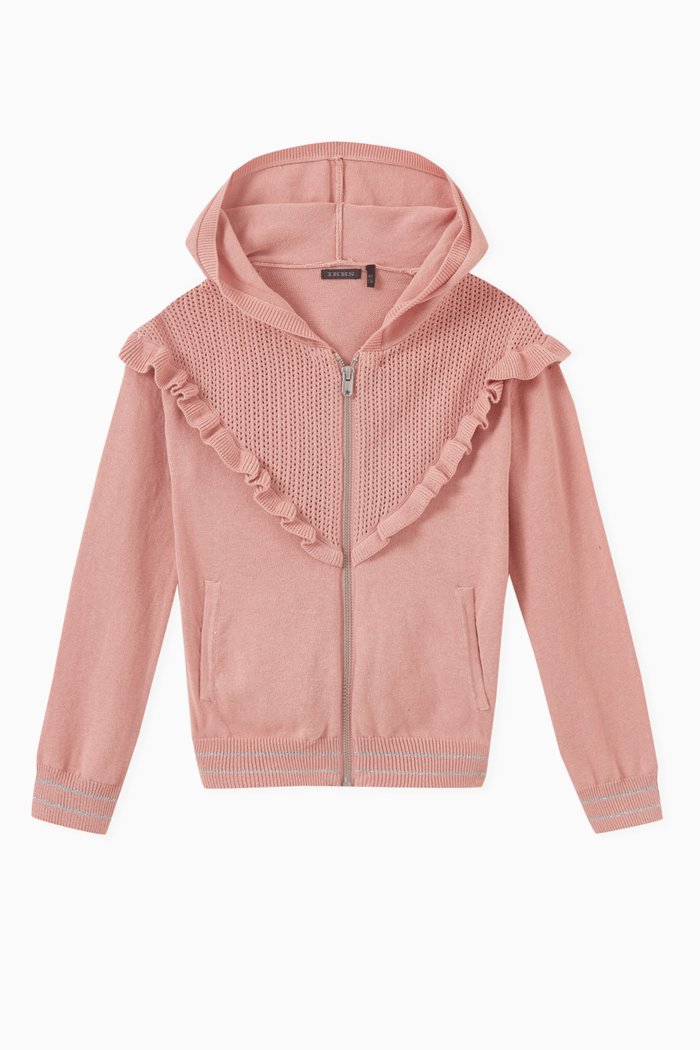 

Knit & Ruffle Hood Cardigan in Cotton, Pink