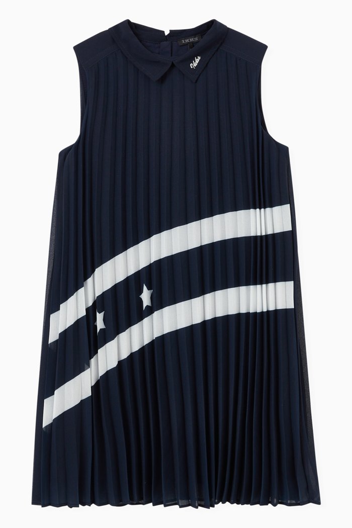 

Denim Collar Pleated Dress, Blue