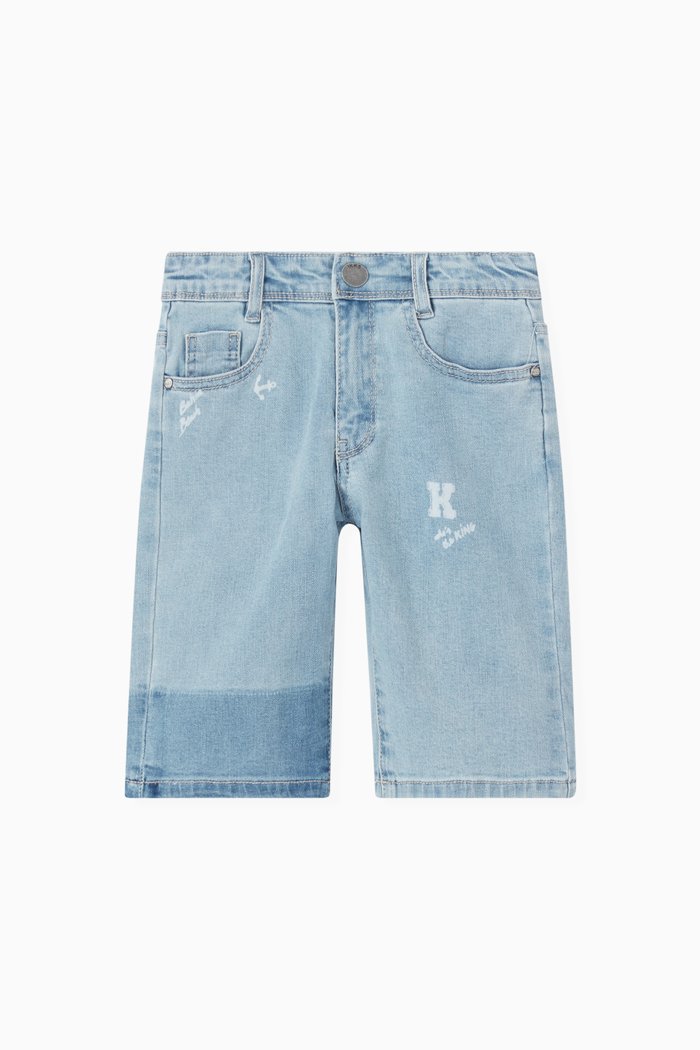 

Printed Waterless Bermudas in Organic Denim, Blue
