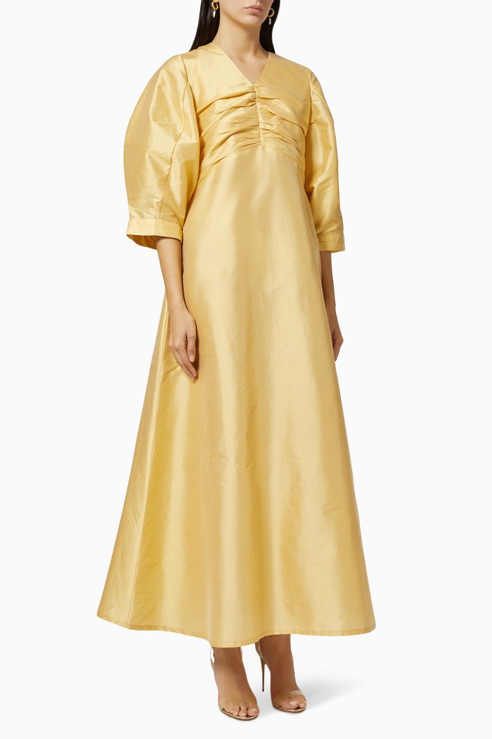 

Puff Sleeve Dress in Satin, Gold