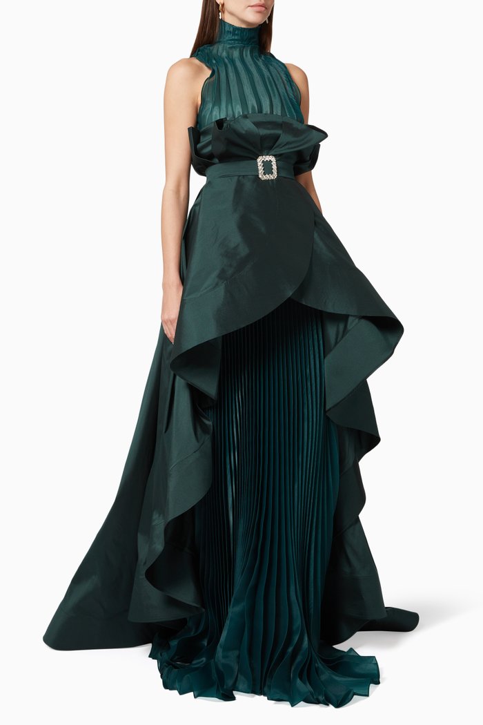 

High Neck Gown in Silk Taffeta, Green
