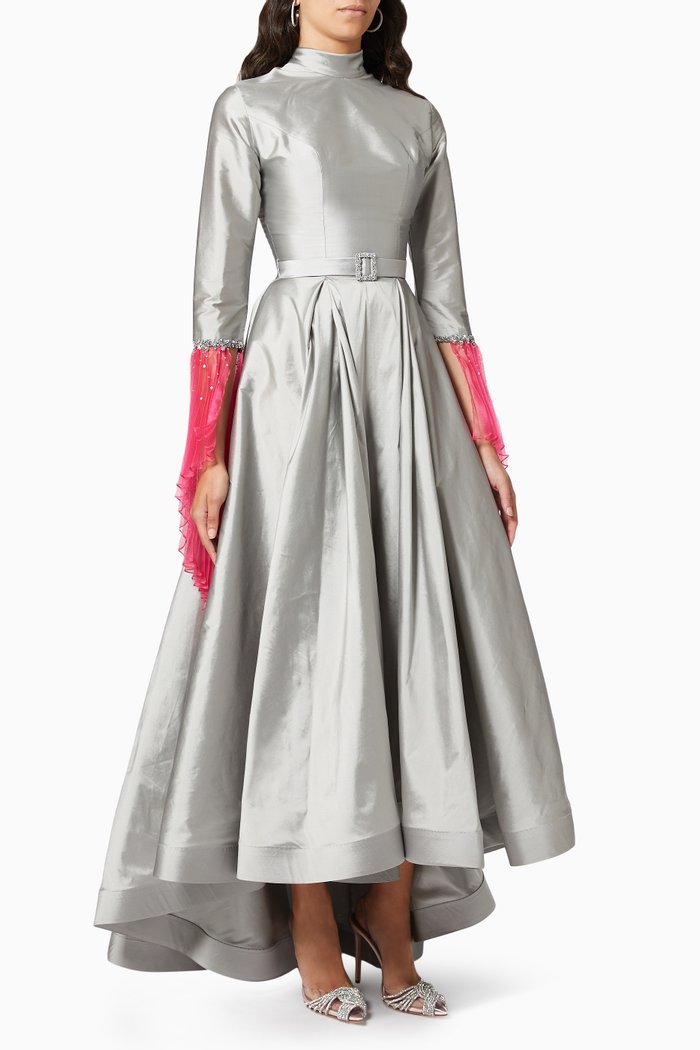

High Collar Dress in Silk Taffeta, Grey