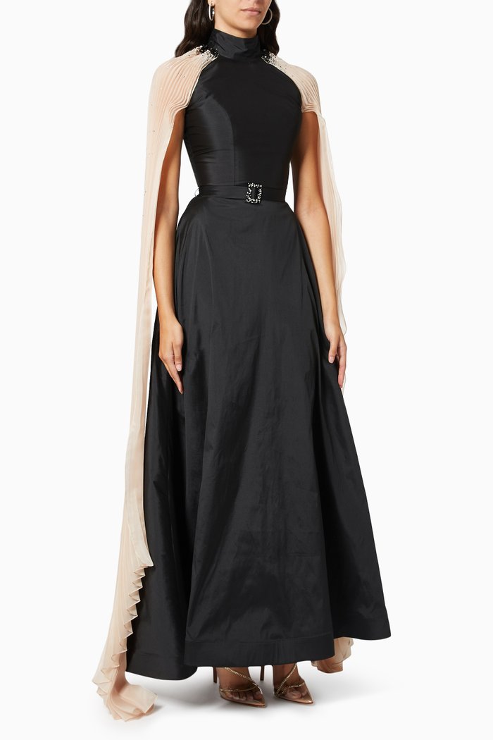 

Pleated Cape Dress in Silk Taffeta, Black