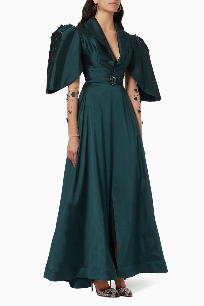 

Belted Statement Sleeves Gown in Silk Taffeta, Green