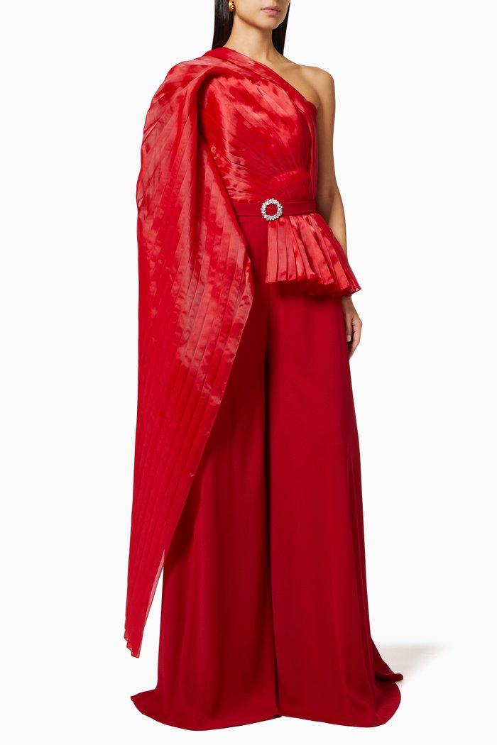 

One Shoulder Jumpsuit in Silk Taffeta, Red
