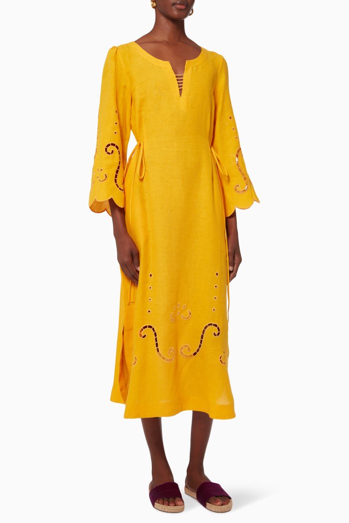 

Iphigenia Embroidered Midi Dress in Linen, Yellow