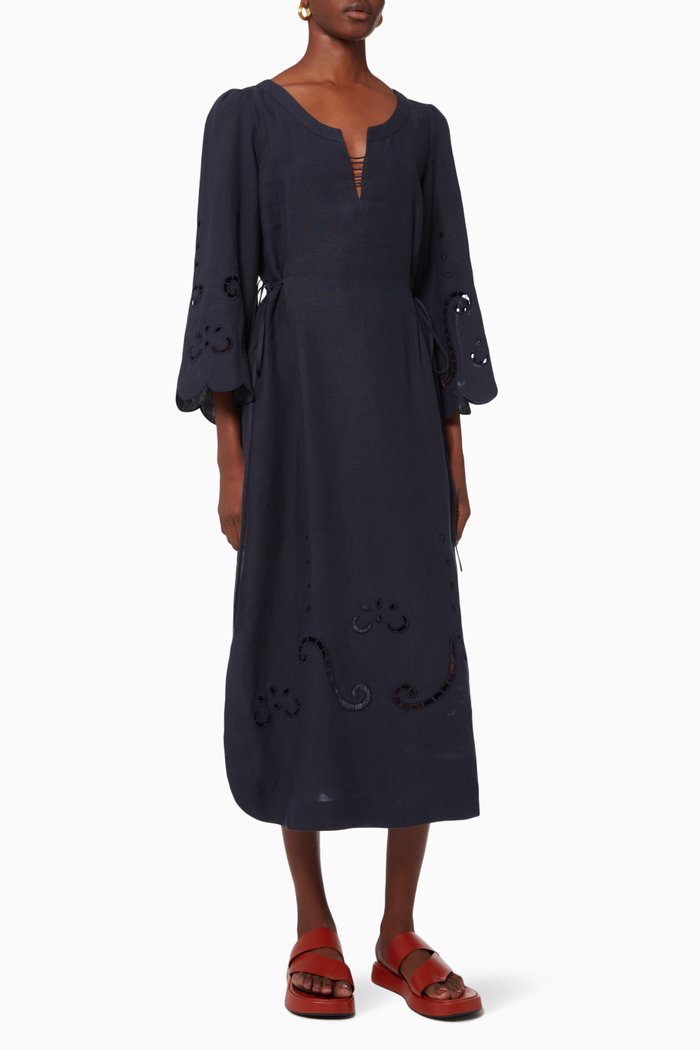 

Iphigenia Embroidered Midi Dress in Linen, Blue