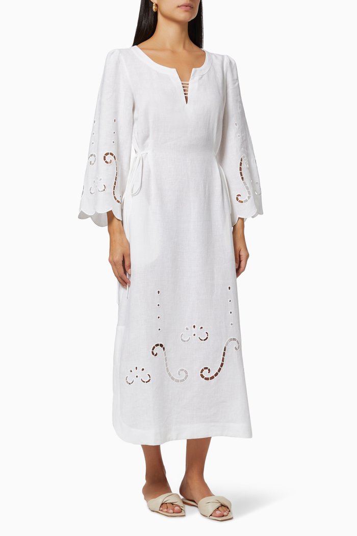 

Iphigenia Embroidered Midi Dress in Linen, White