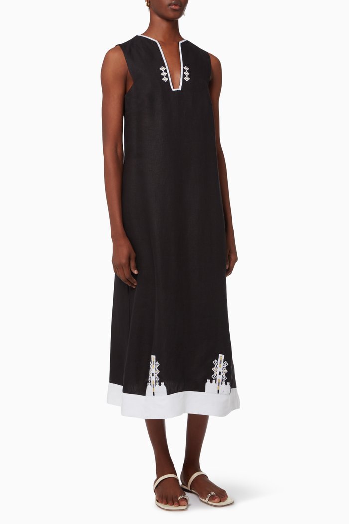 

Thessalia Embroidered Kaftan in Linen, Black