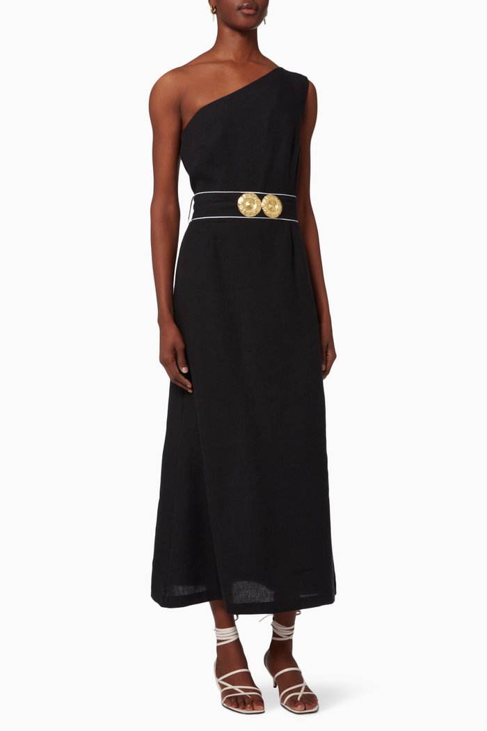 

Ino One Shoulder Dress in Linen, Black