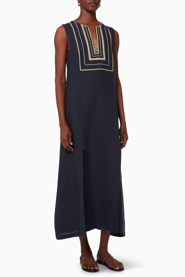 

Ilectra Embroidered Kaftan in Linen, Blue