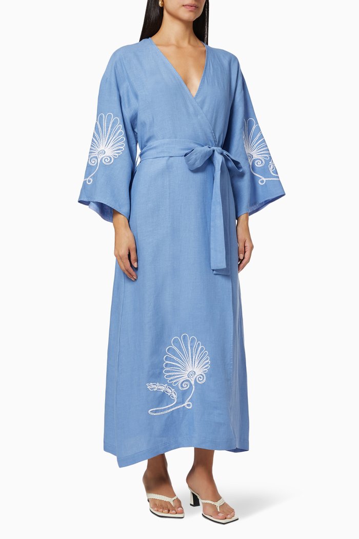 

Anthemio Embroidered Kimono in Linen, Blue