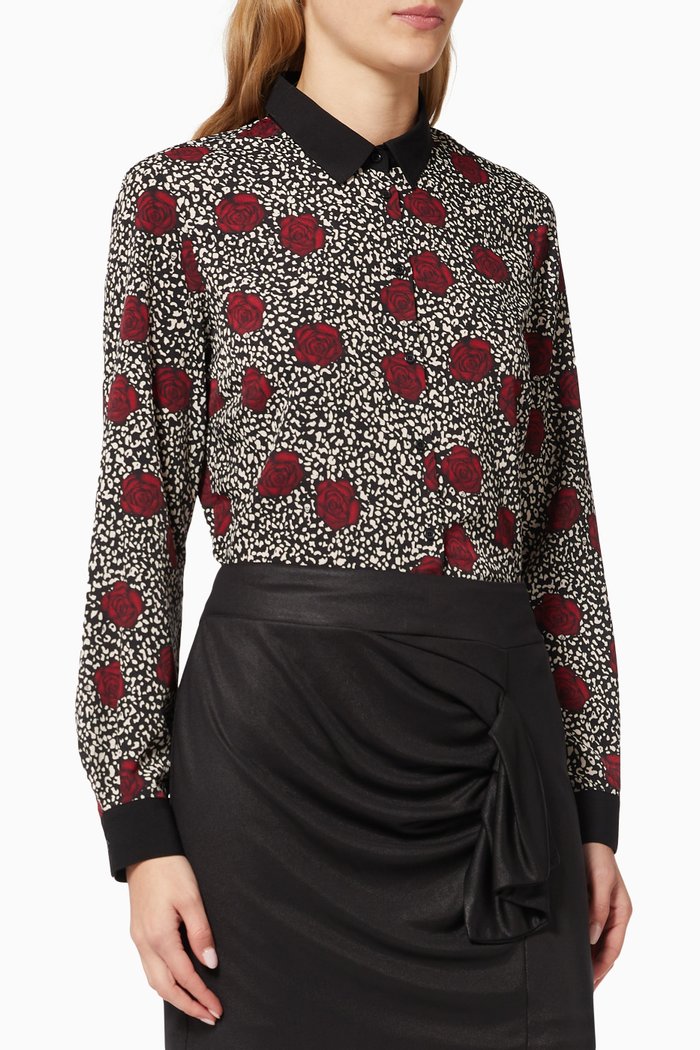 

Rose Print Shirt in Crêpe, Black